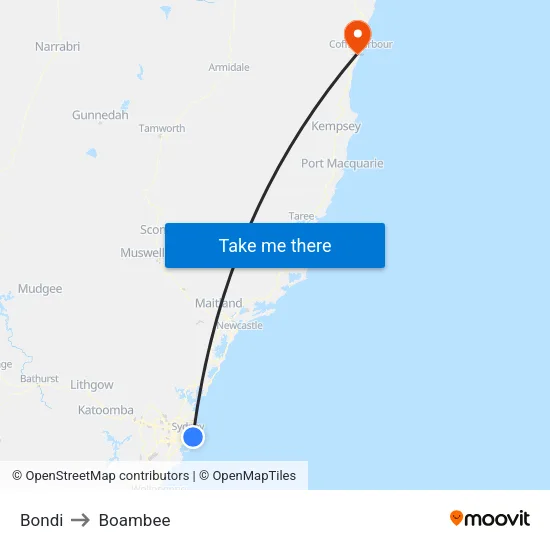 Bondi to Boambee map