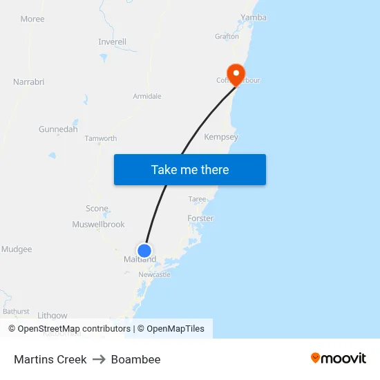 Martins Creek to Boambee map