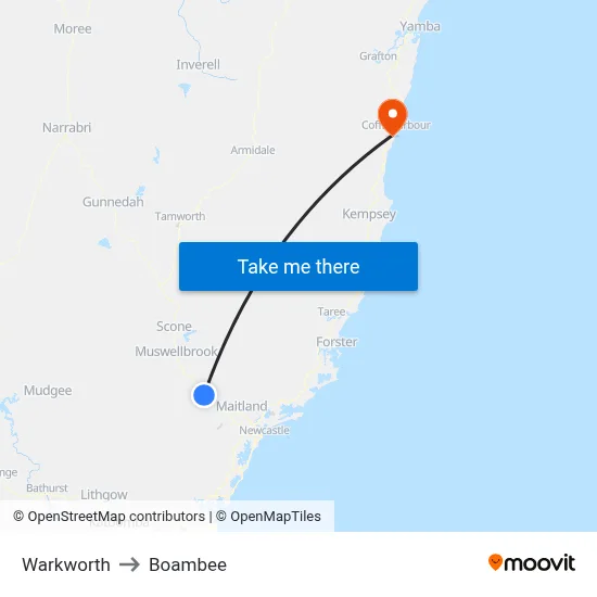 Warkworth to Boambee map