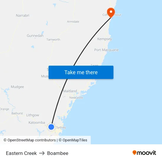 Eastern Creek to Boambee map