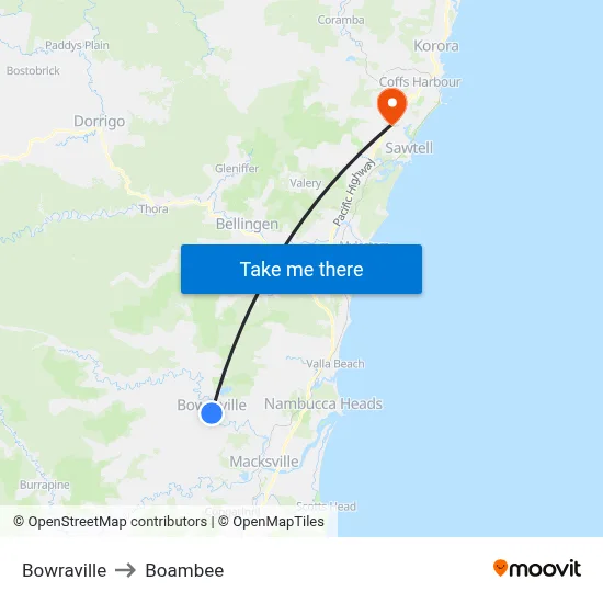 Bowraville to Boambee map