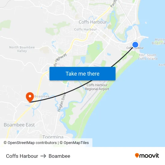 Coffs Harbour to Boambee map