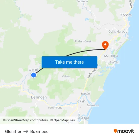 Gleniffer to Boambee map
