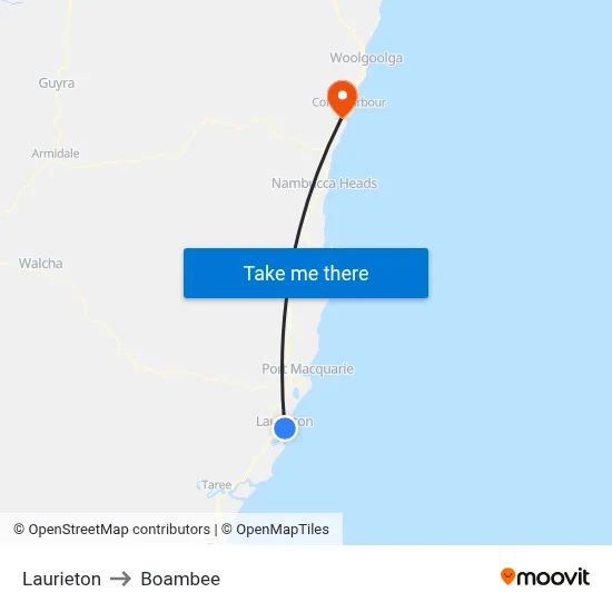 Laurieton to Boambee map