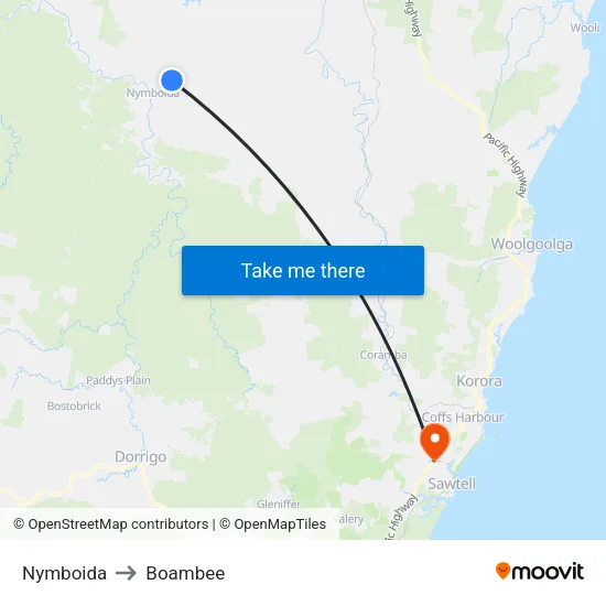 Nymboida to Boambee map