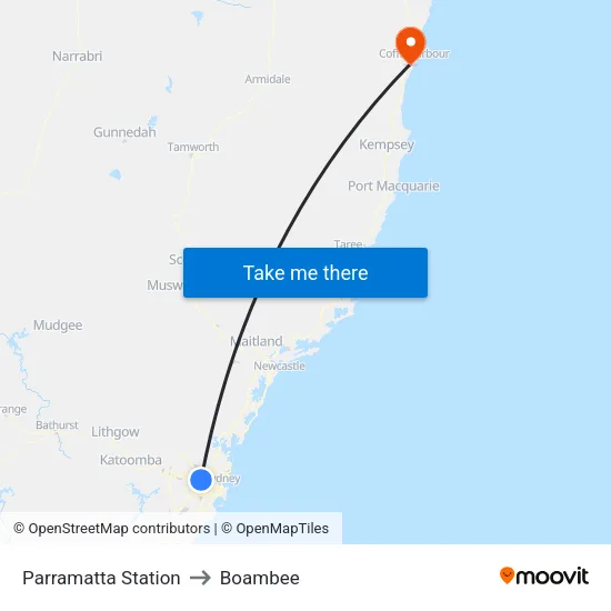 Parramatta Station to Boambee map