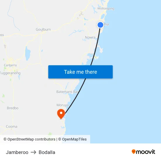 Jamberoo to Bodalla map