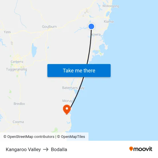 Kangaroo Valley to Bodalla map