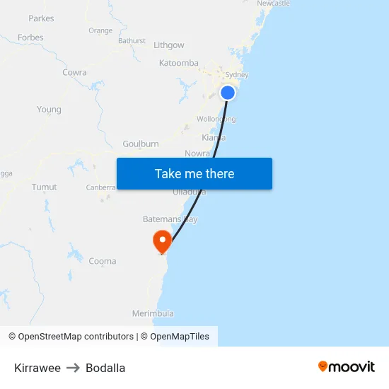 Kirrawee to Bodalla map