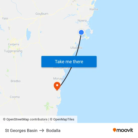 St Georges Basin to Bodalla map