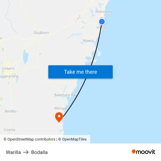Warilla to Bodalla map