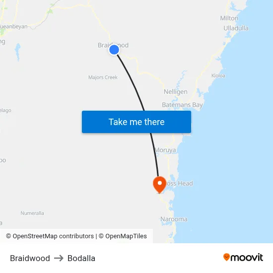 Braidwood to Bodalla map