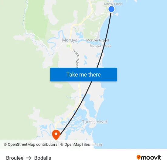 Broulee to Bodalla map