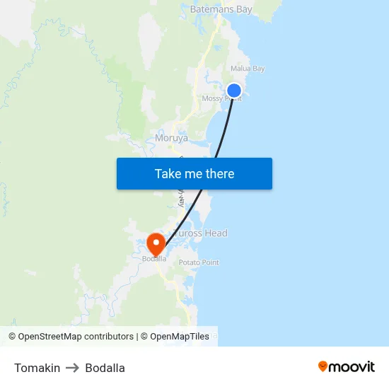 Tomakin to Bodalla map