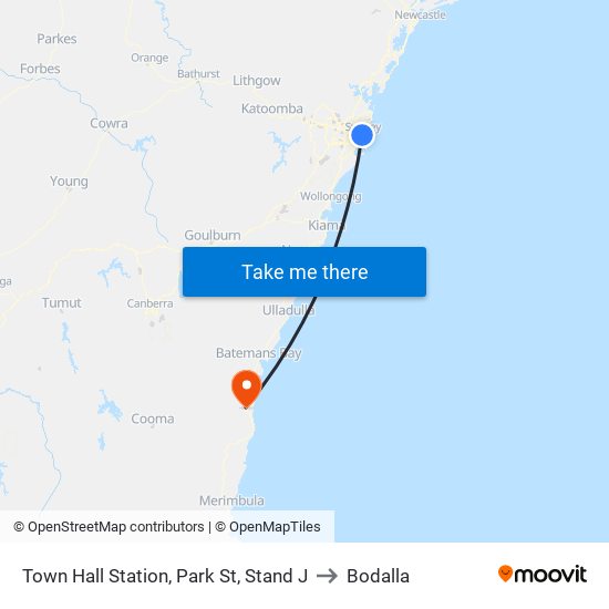 Town Hall, Park St, Stand J to Bodalla map