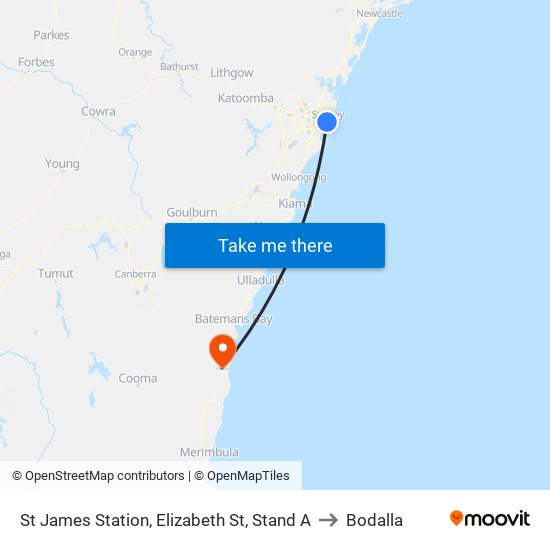 St James Station, Elizabeth St, Stand A to Bodalla map