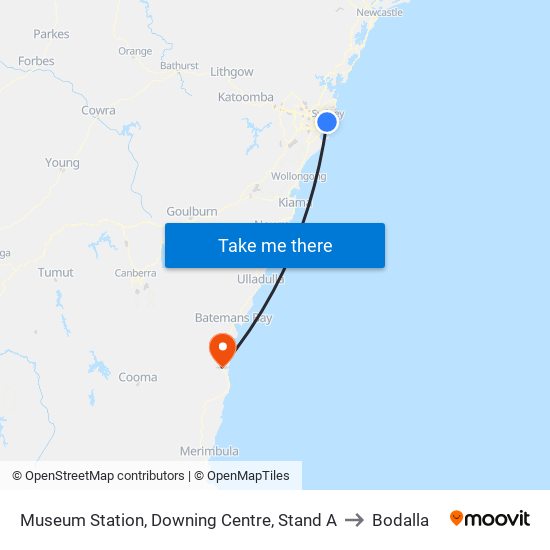 Museum Station, Downing Centre, Stand A to Bodalla map