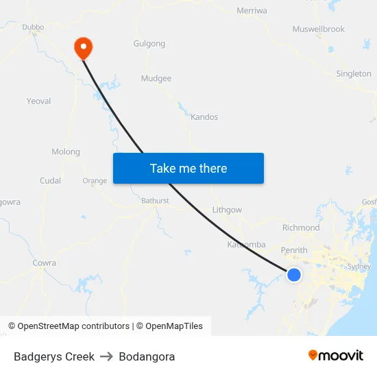 Badgerys Creek to Bodangora map