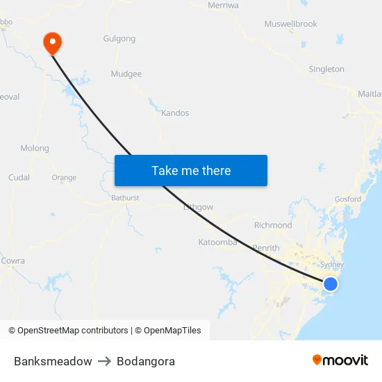 Banksmeadow to Bodangora map