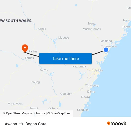 Awaba to Bogan Gate map