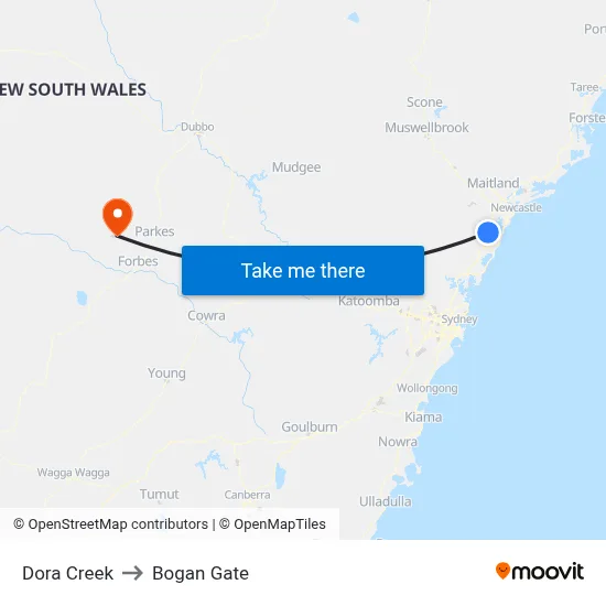 Dora Creek to Bogan Gate map