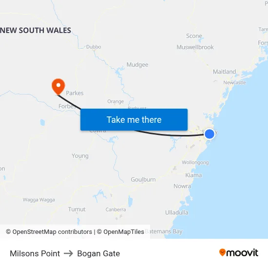 Milsons Point to Bogan Gate map