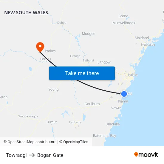 Towradgi to Bogan Gate map