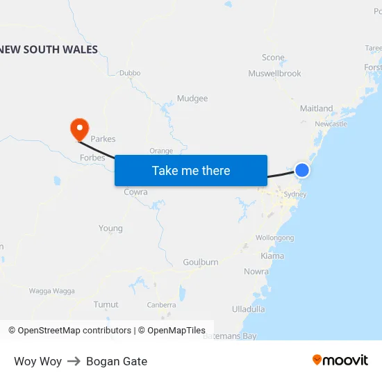 Woy Woy to Bogan Gate map