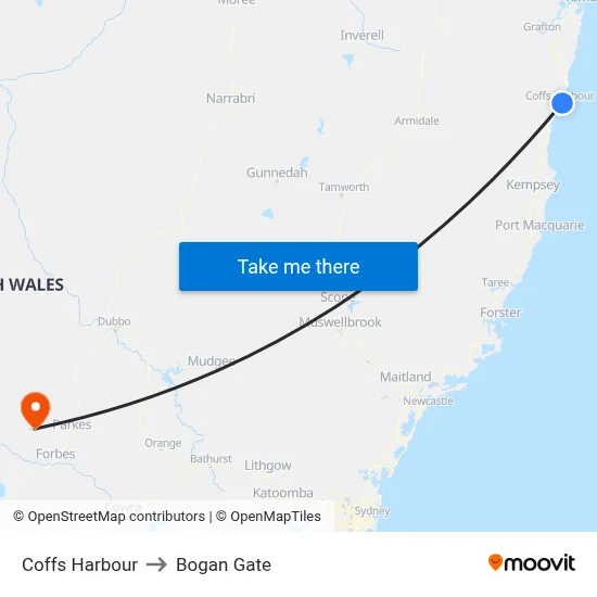 Coffs Harbour to Bogan Gate map