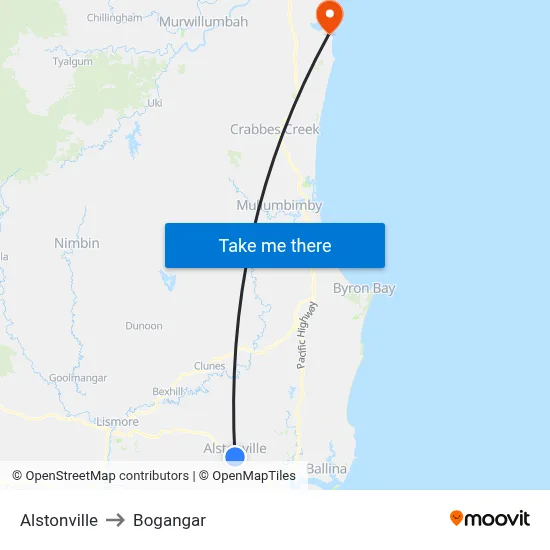 Alstonville to Bogangar map