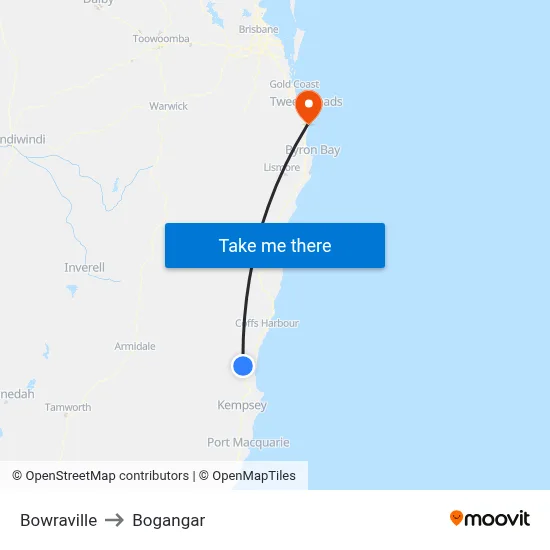 Bowraville to Bogangar map