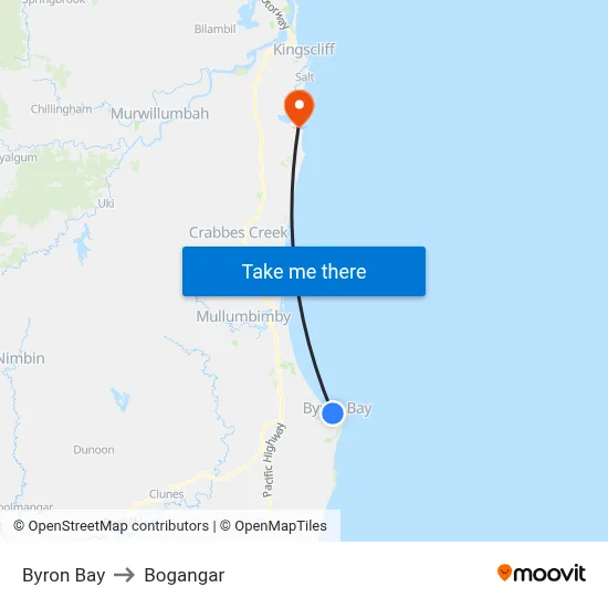 Byron Bay to Bogangar map