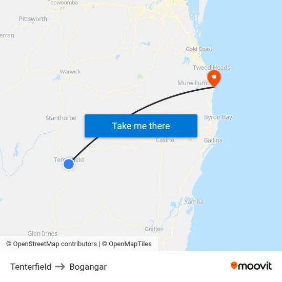 Tenterfield to Bogangar map
