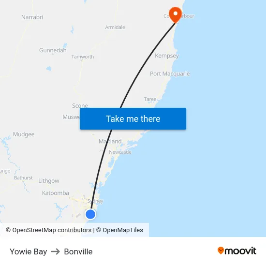 Yowie Bay to Bonville map