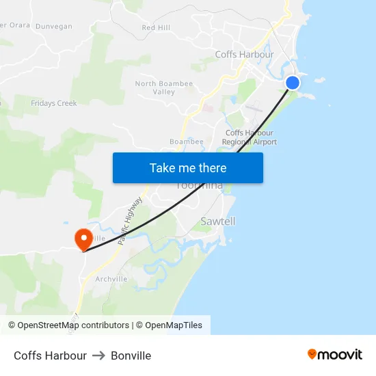 Coffs Harbour to Bonville map