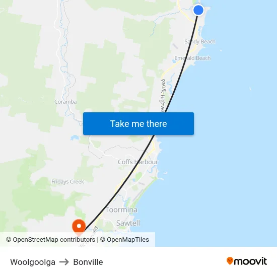 Woolgoolga to Bonville map