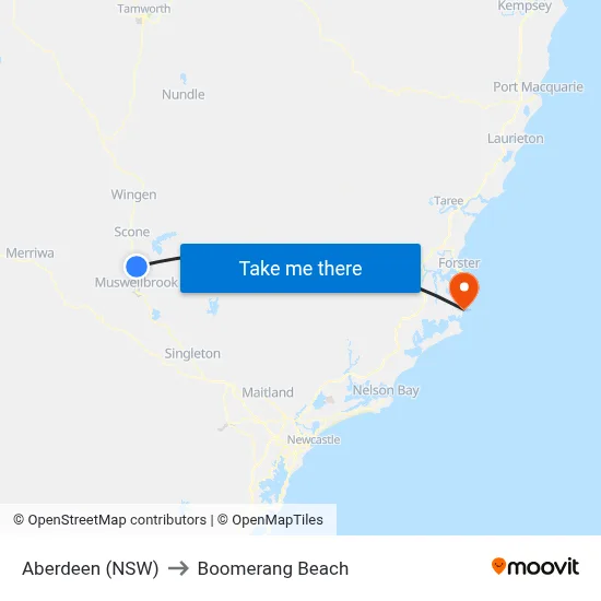 Aberdeen (NSW) to Boomerang Beach map