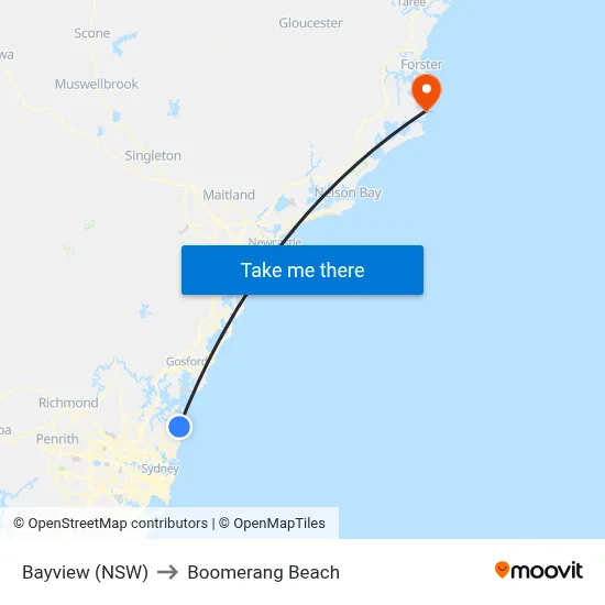 Bayview (NSW) to Boomerang Beach map