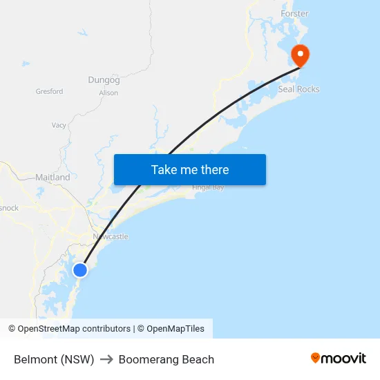 Belmont (NSW) to Boomerang Beach map