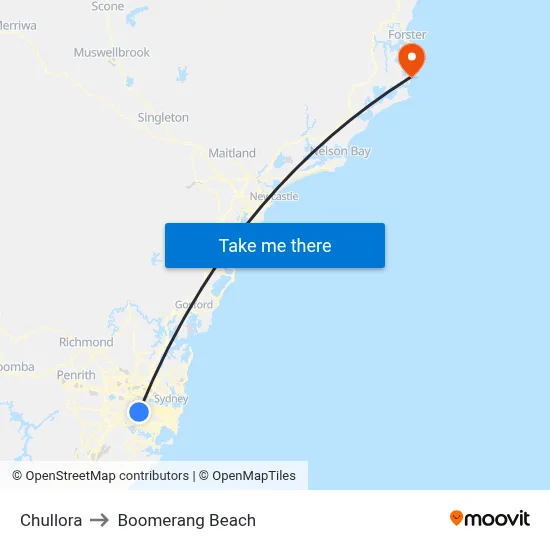 Chullora to Boomerang Beach map