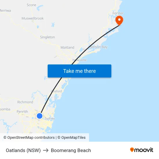 Oatlands (NSW) to Boomerang Beach map