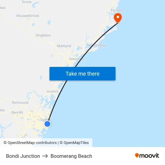 Bondi Junction to Boomerang Beach map