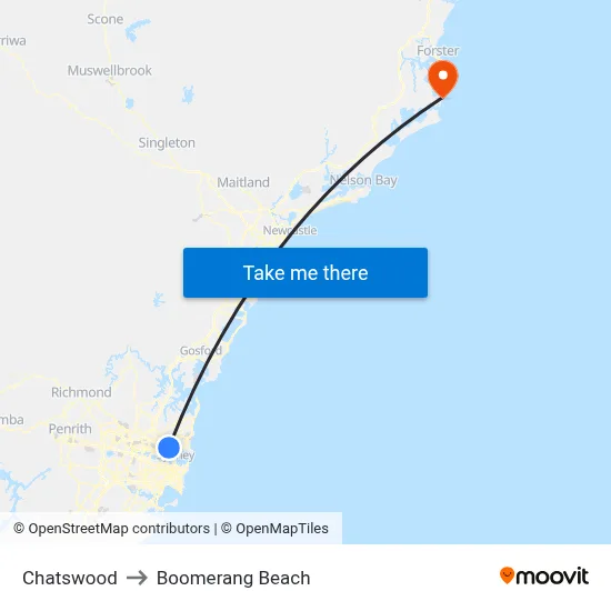 Chatswood to Boomerang Beach map
