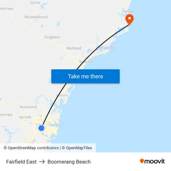 Fairfield East to Boomerang Beach map