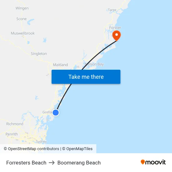 Forresters Beach to Boomerang Beach map