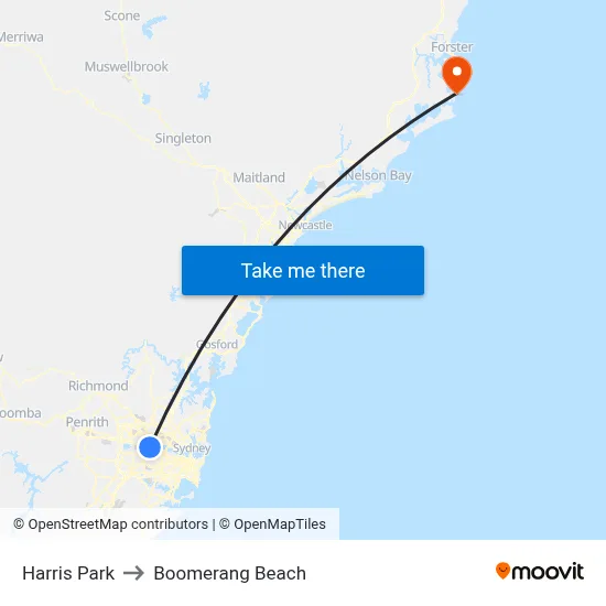 Harris Park to Boomerang Beach map