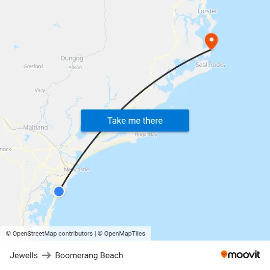 Jewells to Boomerang Beach map