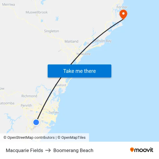 Macquarie Fields to Boomerang Beach map