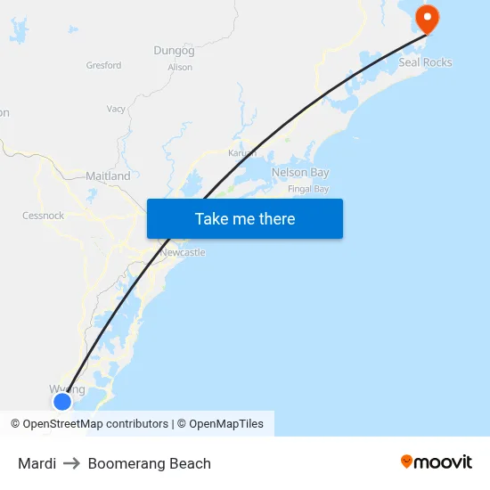 Mardi to Boomerang Beach map