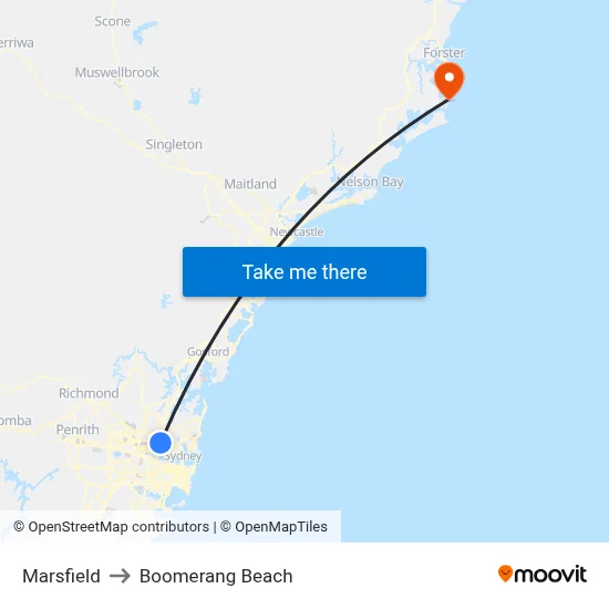 Marsfield to Boomerang Beach map